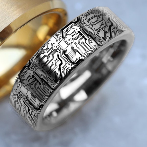 Silver Tungsten Circuit Board Wedding Band, Computer Science Engagement Ring, PC Board Ring, Geek Gamer Jewelry, Engraved Nerd Promise Ring