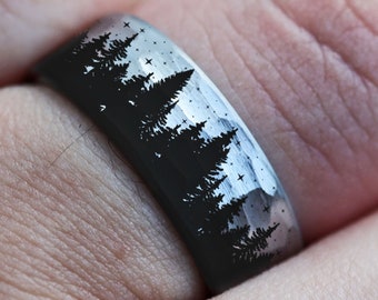 Forest Ring, Mountain Range Ring, Boreal Forest Ring, 8mm Hammered Tungsten Ring, Outdoors Landscape Ring, Stars Tungsten Wedding Ring