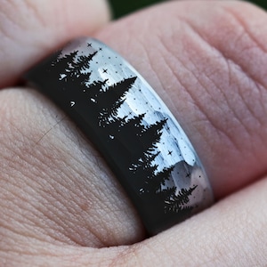 Forest Ring, Mountain Range Ring, Boreal Forest Ring, 8mm Hammered Tungsten Ring, Outdoors Landscape Ring, Stars Tungsten Wedding Ring