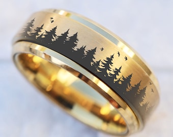 Mountain Wedding Band, Nature Scene Birds Spinner Ring, Adventure Engagement Ring, Scenic Mountain Jewelry, Pine Tree Engraved Ring