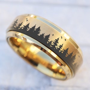 Mountain Wedding Band, Nature Scene Birds Spinner Ring, Adventure Engagement Ring, Scenic Mountain Jewelry, Pine Tree Engraved Ring