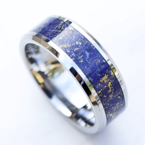 Personalized Blue Lapis Lazuli Tungsten Wedding Ring, Mens Blue Wedding Ring, Mens Blue Lapis Lazuli Wedding Band, Blue and Gold Ring - 8mm