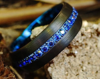 Men's Tungsten Wedding Band w/ Blue Diamonds, Blue Wedding Band, Blue Wedding Ring, Men's Tungsten Band, Domed Black Diamond Ring 8mm