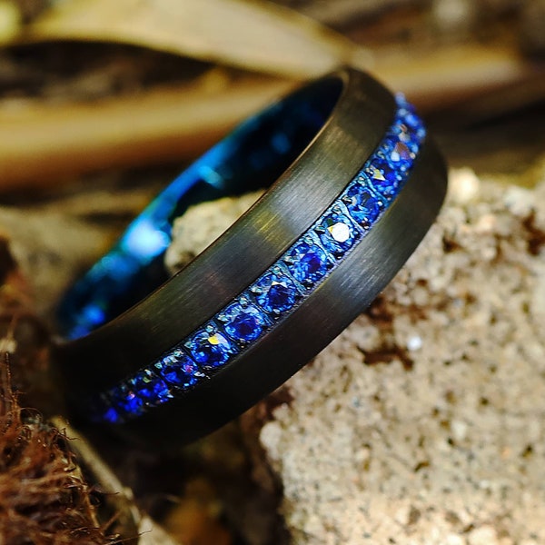 Men's Tungsten Wedding Band Blue Diamonds, Blue Gem Wedding Band, Blue Sapphire Wedding Ring, Blue Stone Engagement Ring Domed Diamond Ring