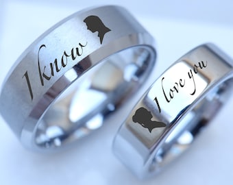 Princess Leia and Han Solo Wedding Ring Set, Star Wars Wedding Bands, Star Wars Engagement Ring, I Love You I Know Matching Rings