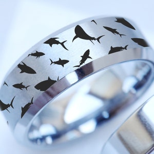 Great White Shark Wedding Band, Whale Shark Tungsten Ring, Hammerhead Jewelry, Shark Engraved Wedding Ring, Bass Fish Engagement Ring