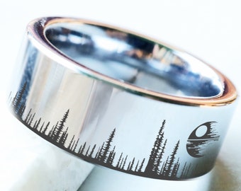 Banda de boda De la estrella de la muerte, anillo de boda de Star Wars, anillo de compromiso de Star Wars, joyería geek, regalo geek, anillo de Star Wars