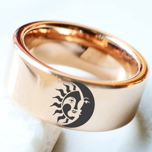 Sun and Moon Wedding Band, Engraved Sun and Moon Wedding Ring, Sun Moon Engagement Ring, Sun Moon Symbol Proposal Ring, Sun Moon Jewelry