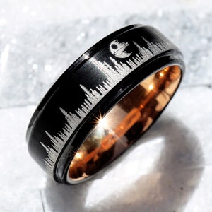 Star Ship Wedding Band, Space Battle Wedding Ring, Death Star Engagement Wedding Ring, Wars Movie Ring, Star Battle Ring 8mm