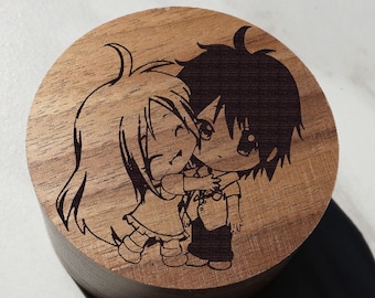 Anime Chibi Waifu Cuddle Hug I Love You Senpai Wood Ring Box, Otaku Weebo Wedding Ring Box, Anime Kawaii Jewelry Box, Chibi Proposal Box