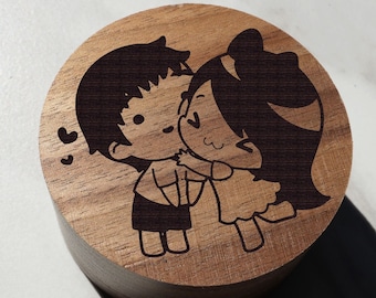 Anime Chibi Waifu Kiss Hug I Love You Senpai Wood Ring Box, Otaku Weebo Wedding Ring Box, Anime Kawaii Jewelry Box, Chibi Proposal Box