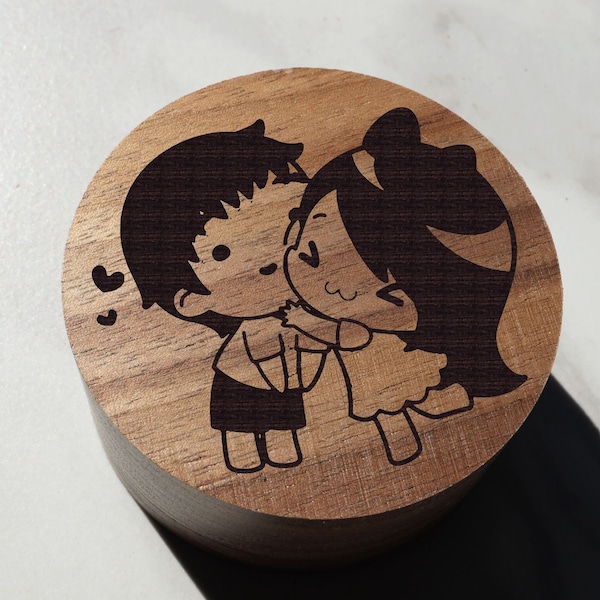 Anime Chibi Waifu Kiss Hug I Love You Senpai Wood Ring Box, Otaku Weebo Wedding Ring Box, Anime Kawaii Jewelry Box, Chibi Proposal Box