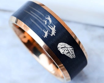 Spaceship Wedding Band, Falcon Wedding Ring, Space Wars Engagement Wedding Ring, Han Ring, Sci-Fi Movie Jewelry 8mm Tungsten