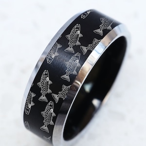 Trout Fish Wedding Band, Fishing Tungsten Ring, Fly Fishing Jewelry, Trout Engraved Wedding Ring, Bass Fish Engagement Ring, Trout Fish Ring