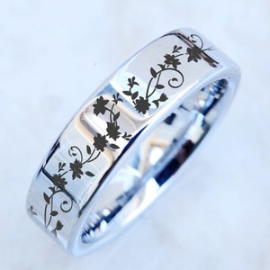 Sakura Wedding Band, Sakura Engraved Wedding Ring, Sakura Cherry Blossom Tree Engagement Ring, Japanese Flower Filigree Floral Ring