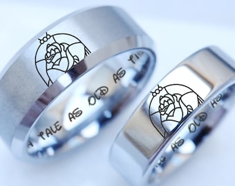 His Beauty Her Beast Rose Matching Ring Set His Beauty Her Beast Princess Wedding Band Set Gold Princess and Prince Engagement Rings Etsy Canada