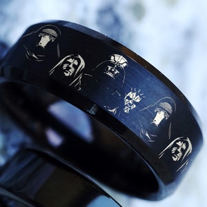 Evil Movie Villain Wedding Band, Space Engraved Ring, Sci-Fi Movie Engagement Ring, Evil Villain Saga Tungsten Ring Black Tungsten- 8mm