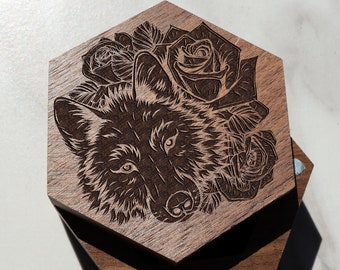 Wolf Filigree Rose Ring Box, Wolves Wedding Ring Box Wolf Wedding Band Box, Wolf Proposal Box, Adventure Mountain Ring Box, Nature Full Moon