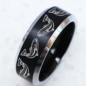Trout Fish Swimming Wedding Band, Fishing Ring, Fly Fishing Jewelry, Trout Engraved Wedding Ring, Bass Fish Engagement Ring, Trout Fish Ring