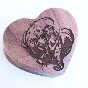May include: A heart-shaped wooden box with a laser-engraved image of Jack Skellington and Sally from the Nightmare Before Christmas.