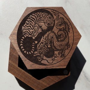 Dragon and Tiger Engraved Ring Box, Dragon Jewelry Box, Yin Yang Dragon Bengal Tiger Wedding Ring Box, Dragon Proposal Box, Dragon Men Woman