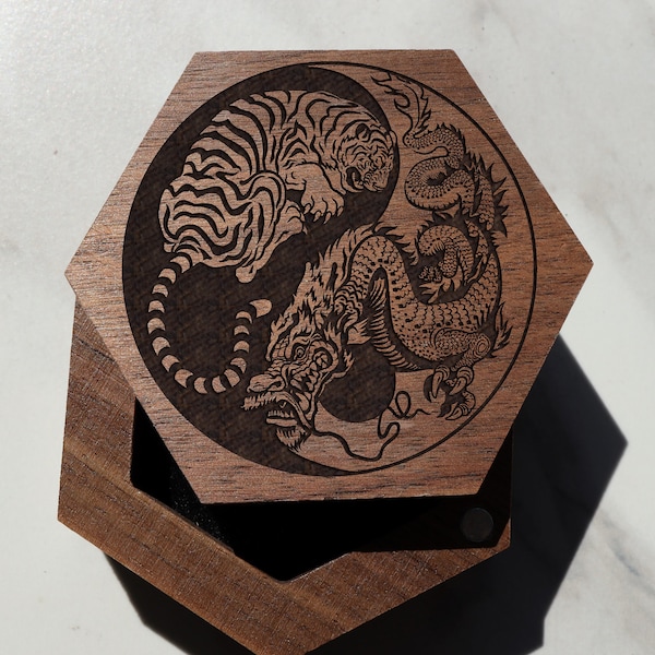 Dragon and Tiger Engraved Ring Box, Dragon Jewelry Box, Yin Yang Dragon Bengal Tiger Wedding Ring Box, Dragon Proposal Box, Dragon Men Woman