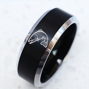 Trout Wedding Band, Fishing Tungsten Ring, Fly Fishing Jewelry, Trout Engraved Wedding Ring, Bass Fish Engagement Ring, Trout Fish Hook Ring