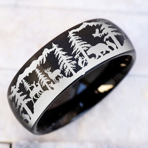 Wild Life Wedding Ring, Animal Lover Nature Engagement Ring, Bear Deer Hiker Wanderlust Wedding Band, Wolf Ring, Hunter Hunting Wedding Band