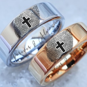 Kruis werkelijke vingerafdruk gegraveerde trouwring vingerafdruk gepersonaliseerde verlovingsring christelijk religieuze trouwring, godminnaar ringset