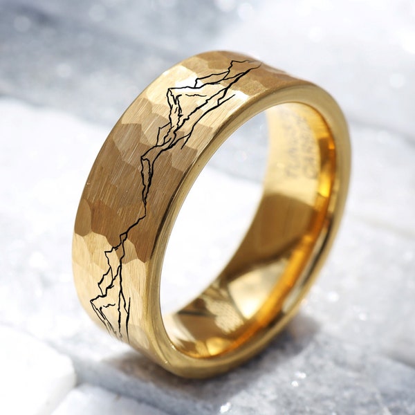 Hammered Gold Minimalist Mountain Wedding Band, Nature Forest Engagement Ring, Birds Proposal Ring, Nature Lover Wedding Ring Jewelry