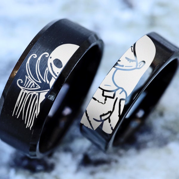 Jack and Sally Matching Ring Set, Jack Skellington Engagement Ring, Jack Sally Wedding Band, Jack Sally Wedding Ring