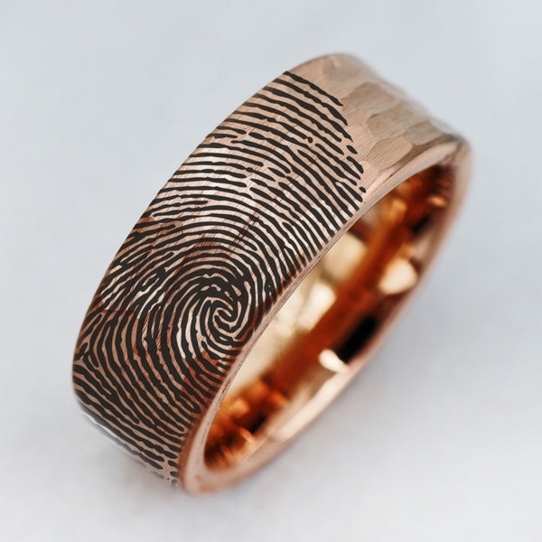 Actual Fingerprint Ring, Fingerprint Wedding Band, Black Tungsten Band, Black Wedding Ring, Hammered Tungsten Ring, Fingerprint Wedding Band