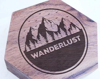Wanderlust Wedding Ring Box, Nature Engagement Ring Box, Adventure Jewelry Box, Mountain Hiking Trees Engraved Personalized Proposal Box