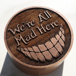 We&#39;re All Mad Here Wedding Ring Box, Alice Proposal Box, Wonderland Jewelry Box, Cat Creepy Ring Holder