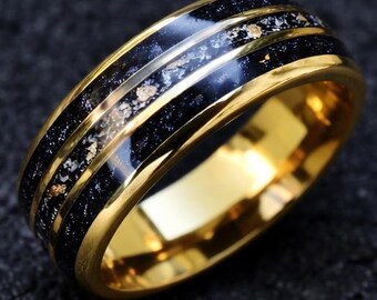 Gold Crushed Meteorite Engagement Ring, Gold leaf Meteorite Inlay Wedding Band, Galaxy Opal Ring, Men's Unique Meteorite Tungsten Ring 8mm