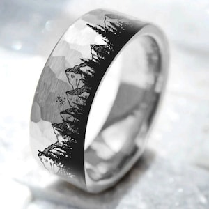 Silver Forest Ring, Mountain Range, Boreal Forest Ring, 8mm Hammered Tungsten Ring, Outdoors Landscape Ring, Stars Tungsten Wedding Ring