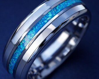 White Mother Of Pearl Wedding Band, Blue Opal Engagement Ring, Unique Mother of Pearl Stone Inlay Jewelry, Pearl Inlay Tungsten Ring 8mm