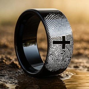 Cross Actual Fingerprint Engraved Wedding Ring, Personalized Engagement Ring, Christian Religious Band, Christian Tungsten Ring 6mm 8mm 10mm