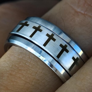 Circuit Board Wedding Ring, Baroque Ring, Christian Engagement Ring, Religious Jewelry, Christ Spinner Ring, Cross Engraved Ring Gift