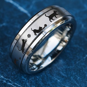 Engraved Playful Cat Ring, Personalized Kitty Cat Spinner Ring, Custom Cat with Yarn Ring, Kitten Spinning Fidget Spinner Ring, Cat Ring