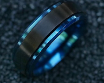 Blue Anxiety Spinner Ring, Keepsake Engraved Wedding Ring, Fingerprint Personalized Engagement Ring, Remembrance Wedding Band Jewelry 8mm