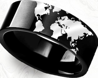 Alliance carte du monde, bague de fiançailles de voyageur, bijoux Wanderlust aventure, cadeau carte du monde, bijoux bague de mariage carte du monde