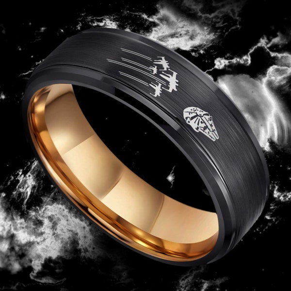 Star Wars Millenium Falcon Wedding Band, Darth Vader Wedding Ring, Tie Fighters Engagement Wedding Ring, Darth Vader Ring, Star Wars Jewelry