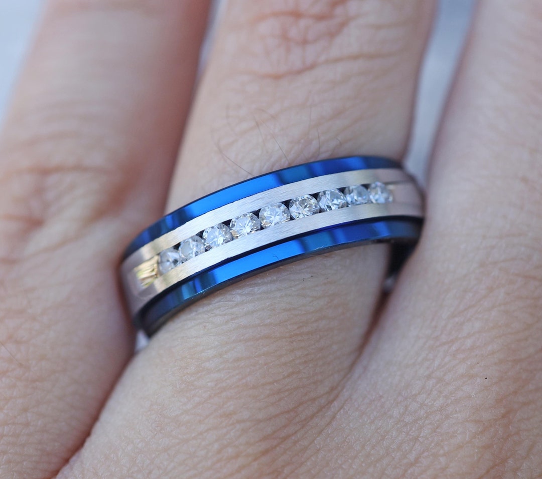 Blue Wedding Ring, Channel Set Diamond Band, Blue Diamond Ring, Men's ...