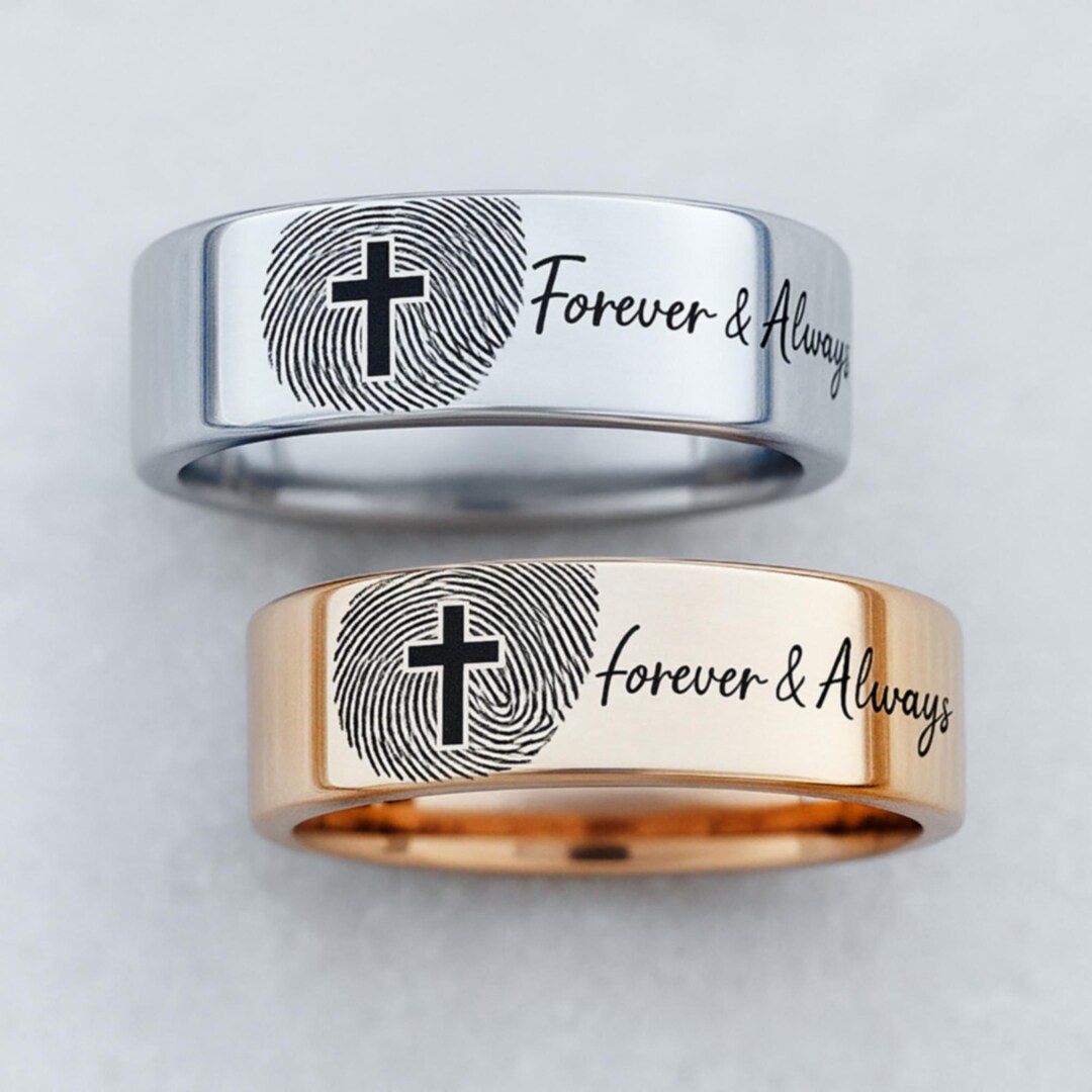 Cross Actual Fingerprint Matching Wedding Rings, Engraved Fingerprint ...