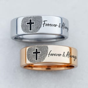 Cross Actual Fingerprint Matching Wedding Rings, Engraved Fingerprint Personalized Rings Christian Wedding Bands, Unique Cross Ring Set 6mm