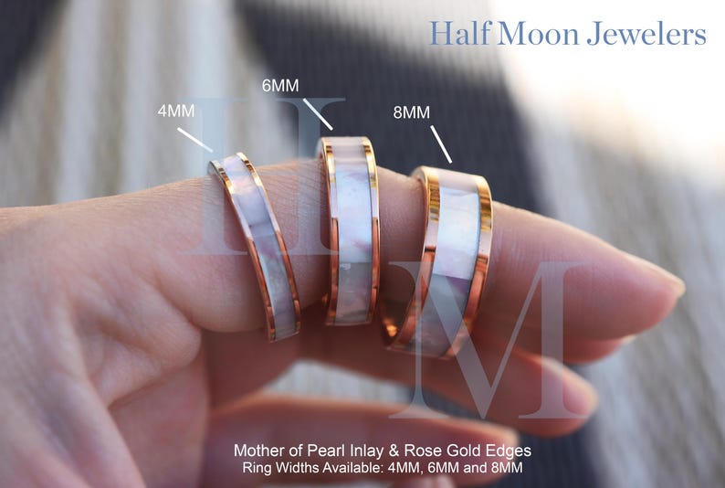 May include: Three rings with mother of pearl inlay and rose gold edges. The rings are 4mm, 6mm, and 8mm wide.  "Mother of Pearl Inlay & Rose Gold Edges" and "Ring Widths Available: 4MM, 6MM and 8MM" are written below the rings.