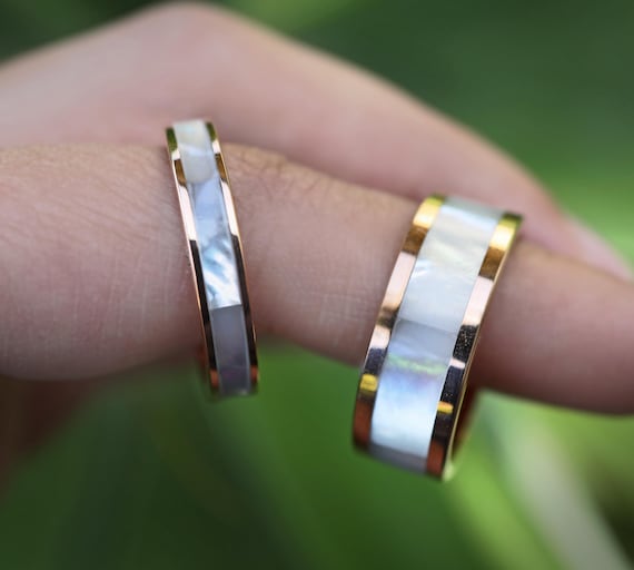Mother of Pearl Stone Matching Ring Set, Mother of Pearl Inlay Engagement Ring, Rose Gold Tungsten Wedding Ring Pair, 4mm 8mm