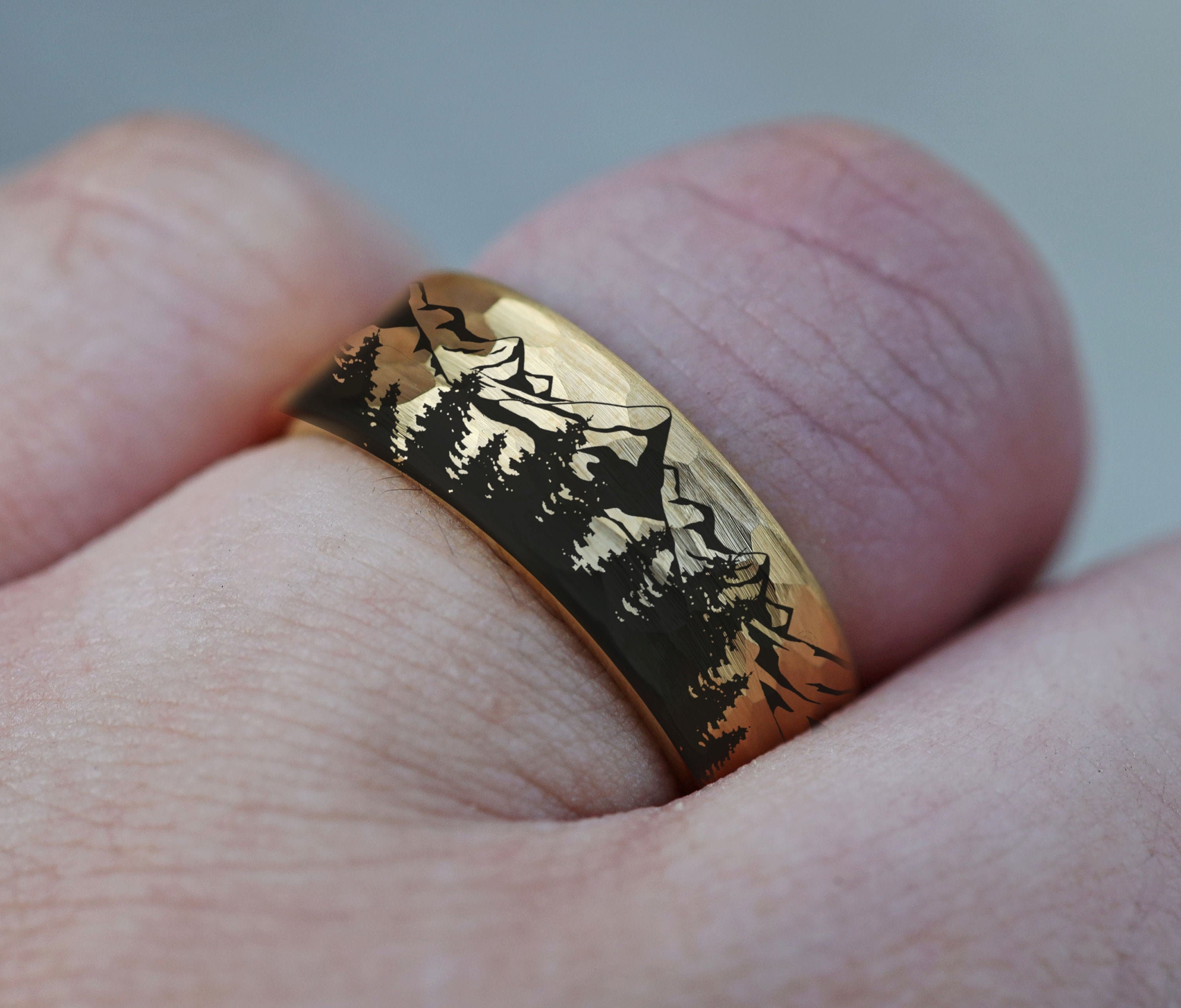 Gold Forest Ring, Mountain Range Ring, Boreal Forest Ring, 8mm Hammered ...