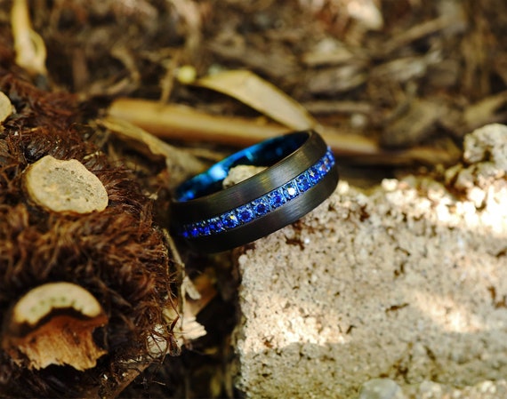Mens black wedding band with blue sapphire outlet